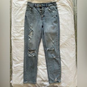 American eagle mom straight jeans distressed ripped blue denim 0 short stretch